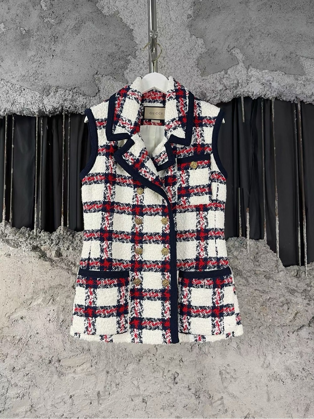 Gucci Navy Red White Plaid Tweed Sleeveless Jacket